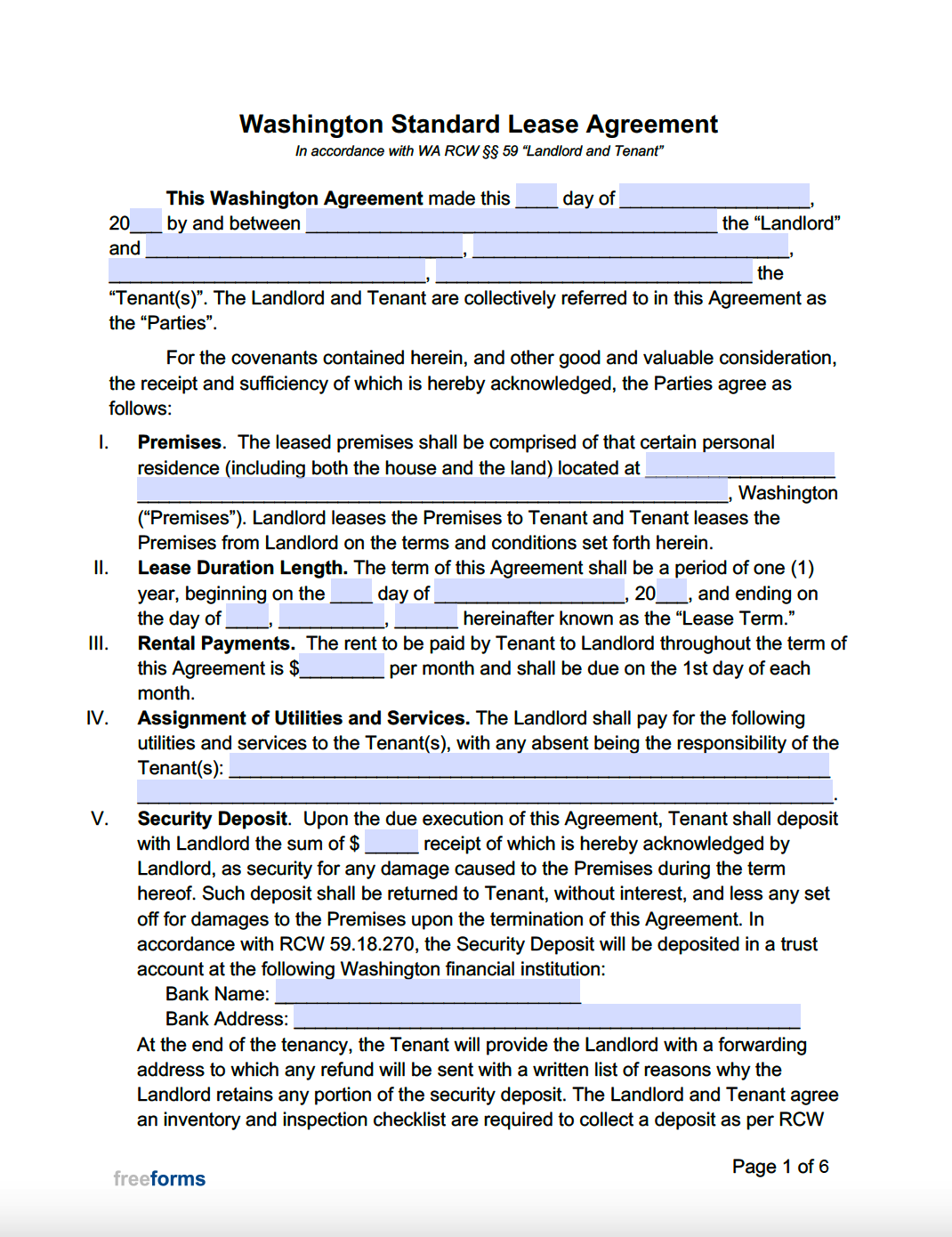 Free Washington Standard Residential Lease Agreement Template PDF WORD