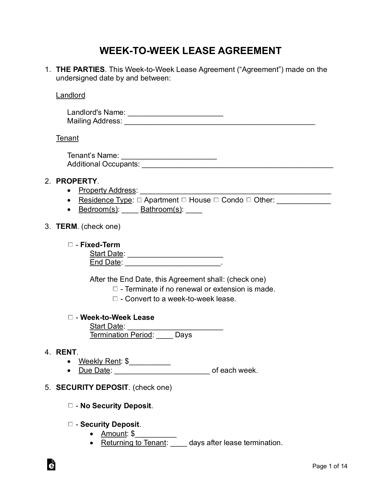 Free Week to Week Weekly Lease Agreement Template PDF Word EForms