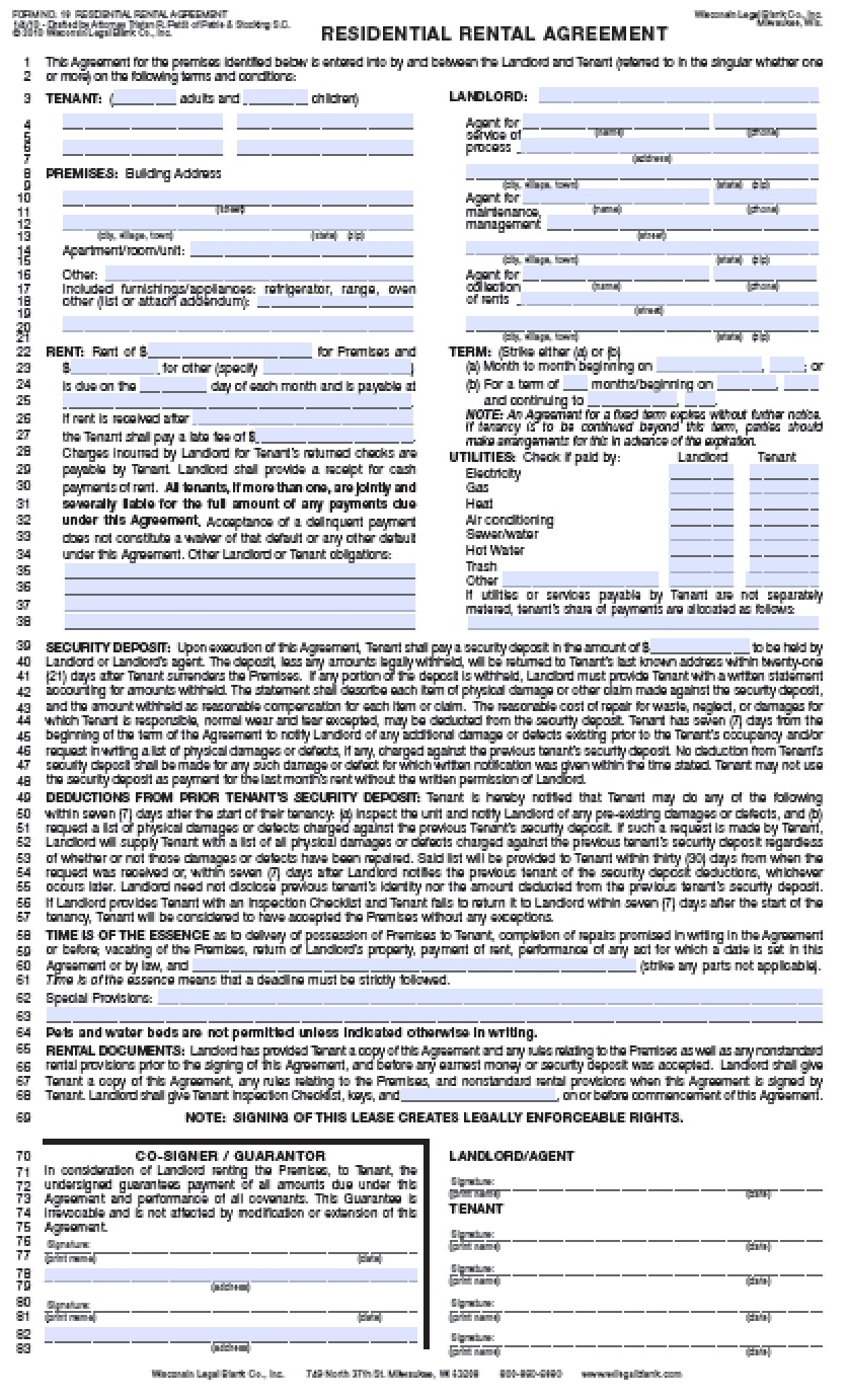 Free Wisconsin Rental Lease Agreement Templates PDF Word