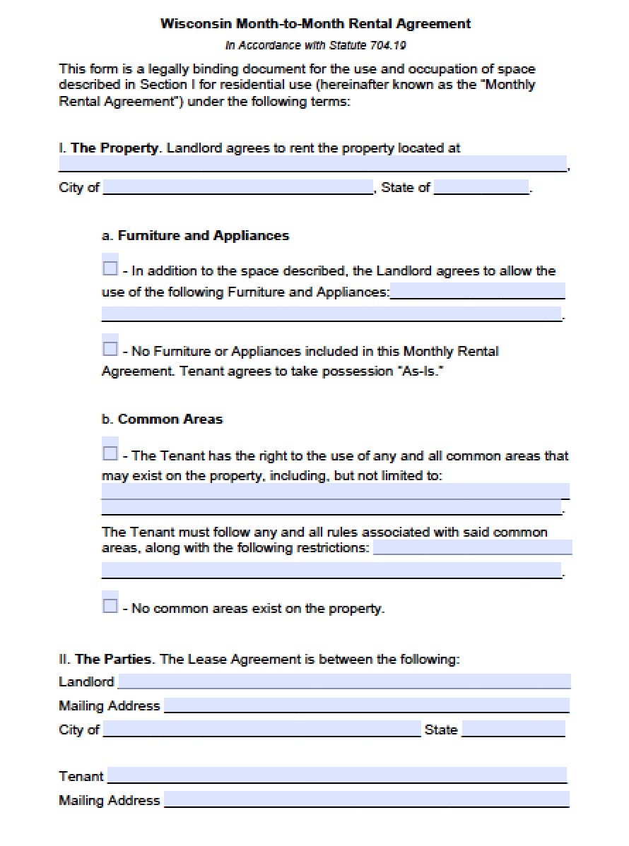 Free Wisconsin Rental Lease Agreement Templates PDF Word