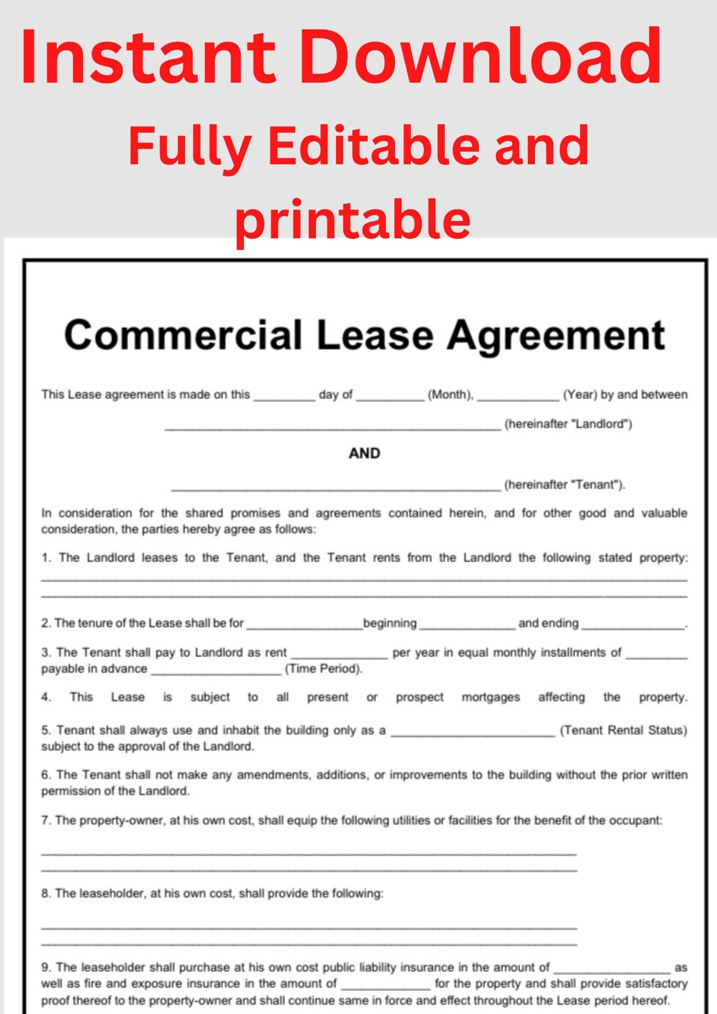 Fully Editable Commercial Lease Agreement Template I 2 Pages L Easy And 