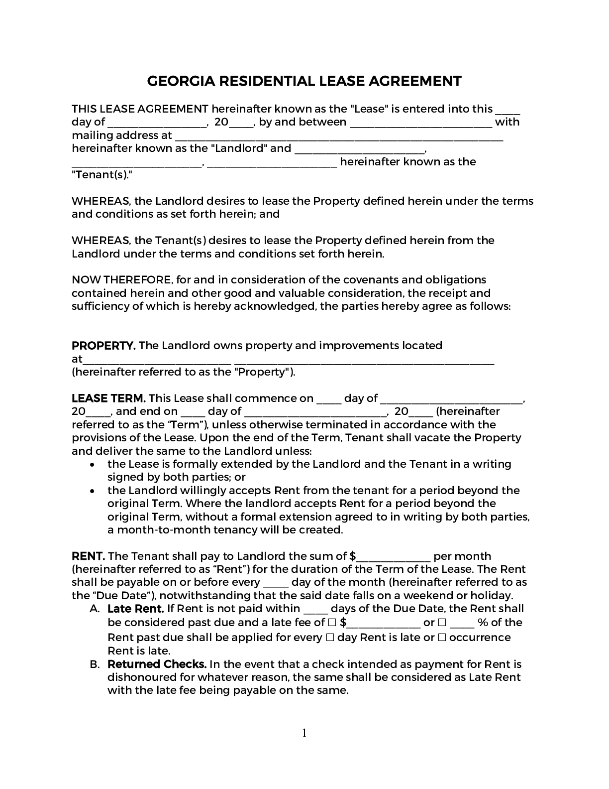 Georgia Standard Residential Lease Agreement Printable Form 