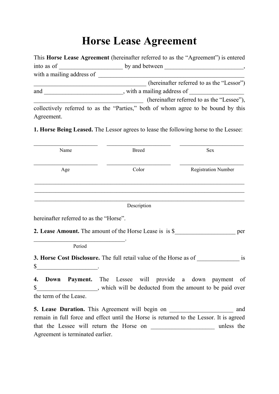 Horse Lease Agreement Word Document Fill Out And Sign Printable Pdf 