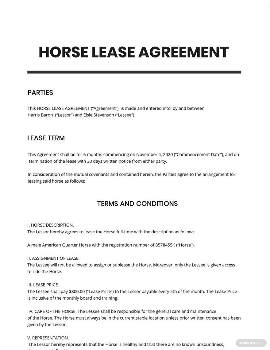 Horse Lease Contract Template
