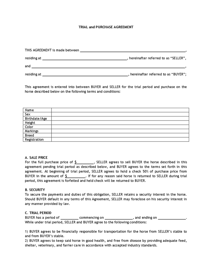 Horse Trial And Purchase Agreement In Word And Pdf Formats