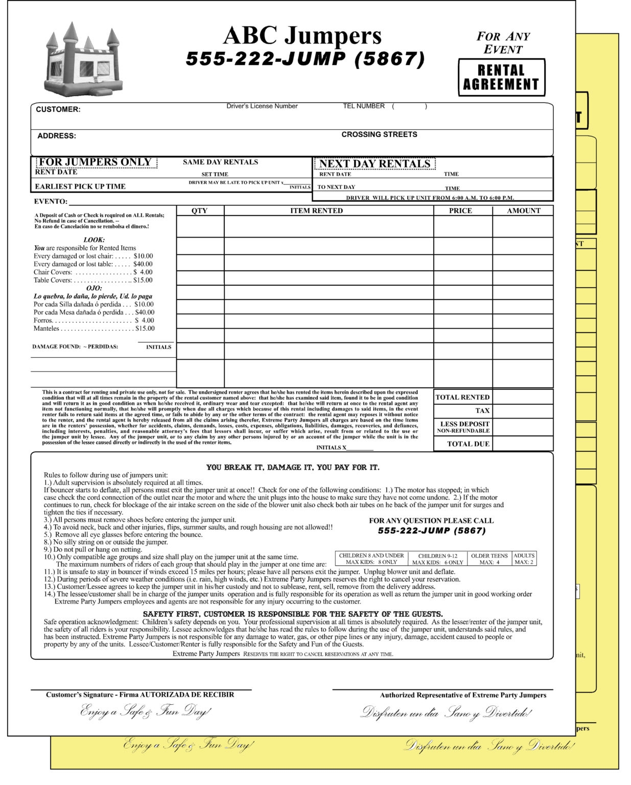 Inflatables Jumper Bounce House Party Rental Agreement 