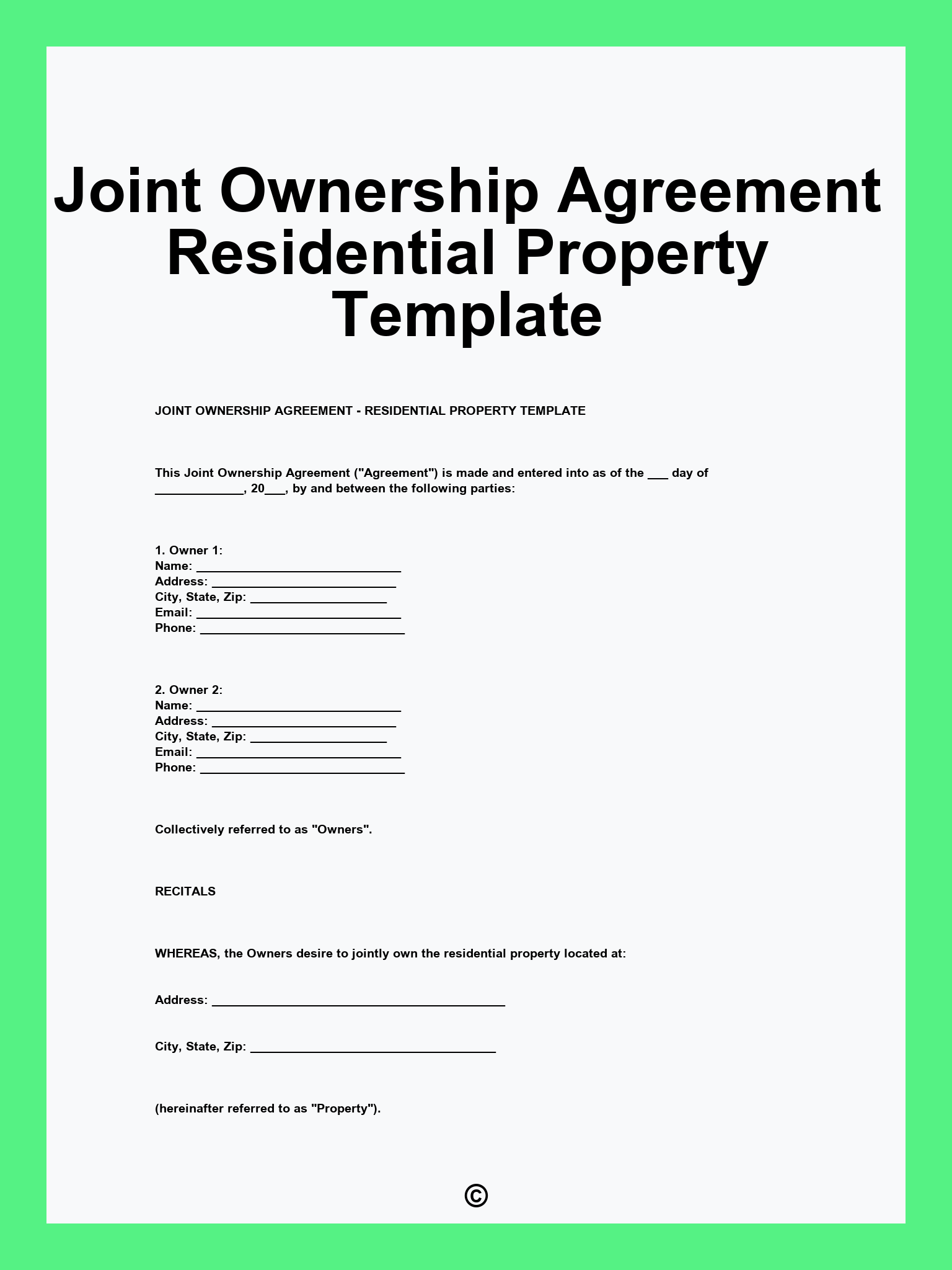 Joint Ownership Agreement Residential Property Template