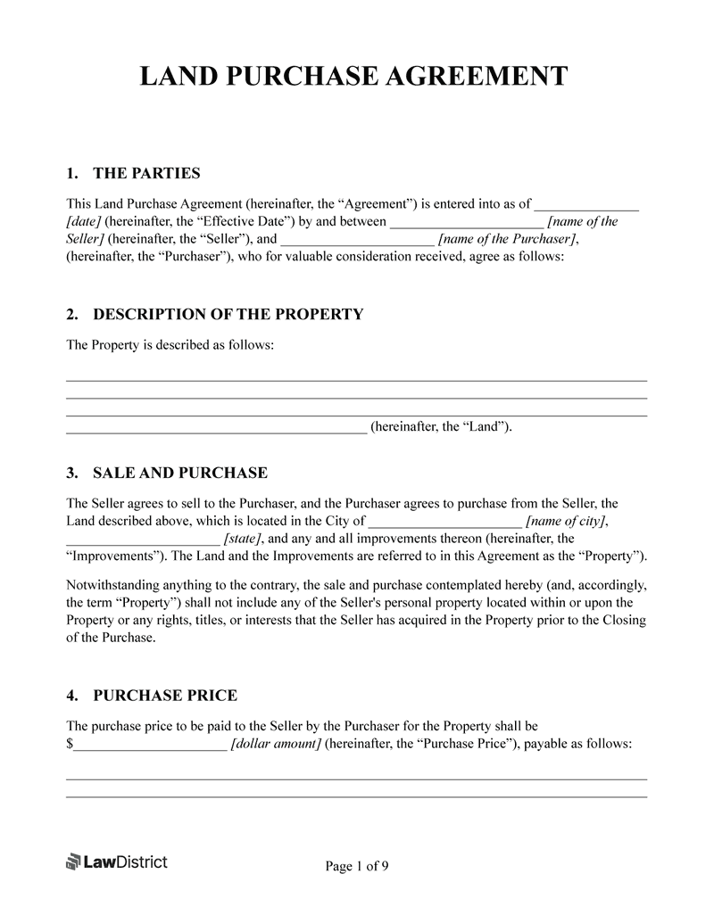 Land Purchase Agreement Form Free Land Purchase Contract Templates