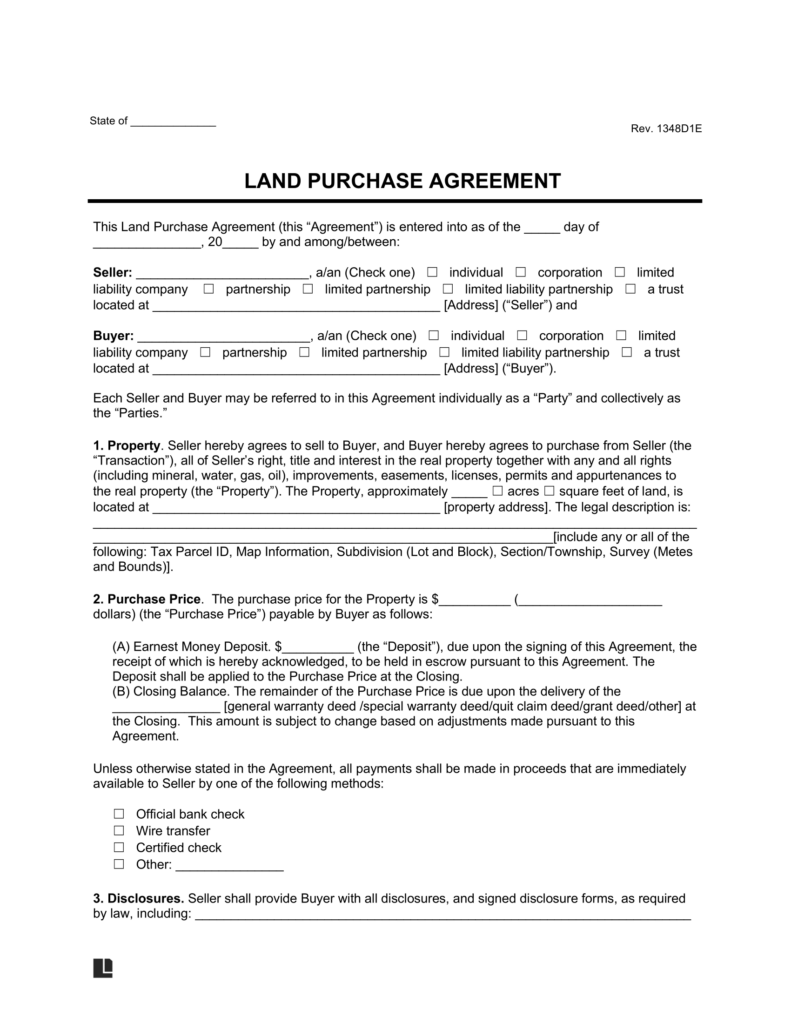 Land Purchase Agreement Form Free Vacant Land Purchase Agreement