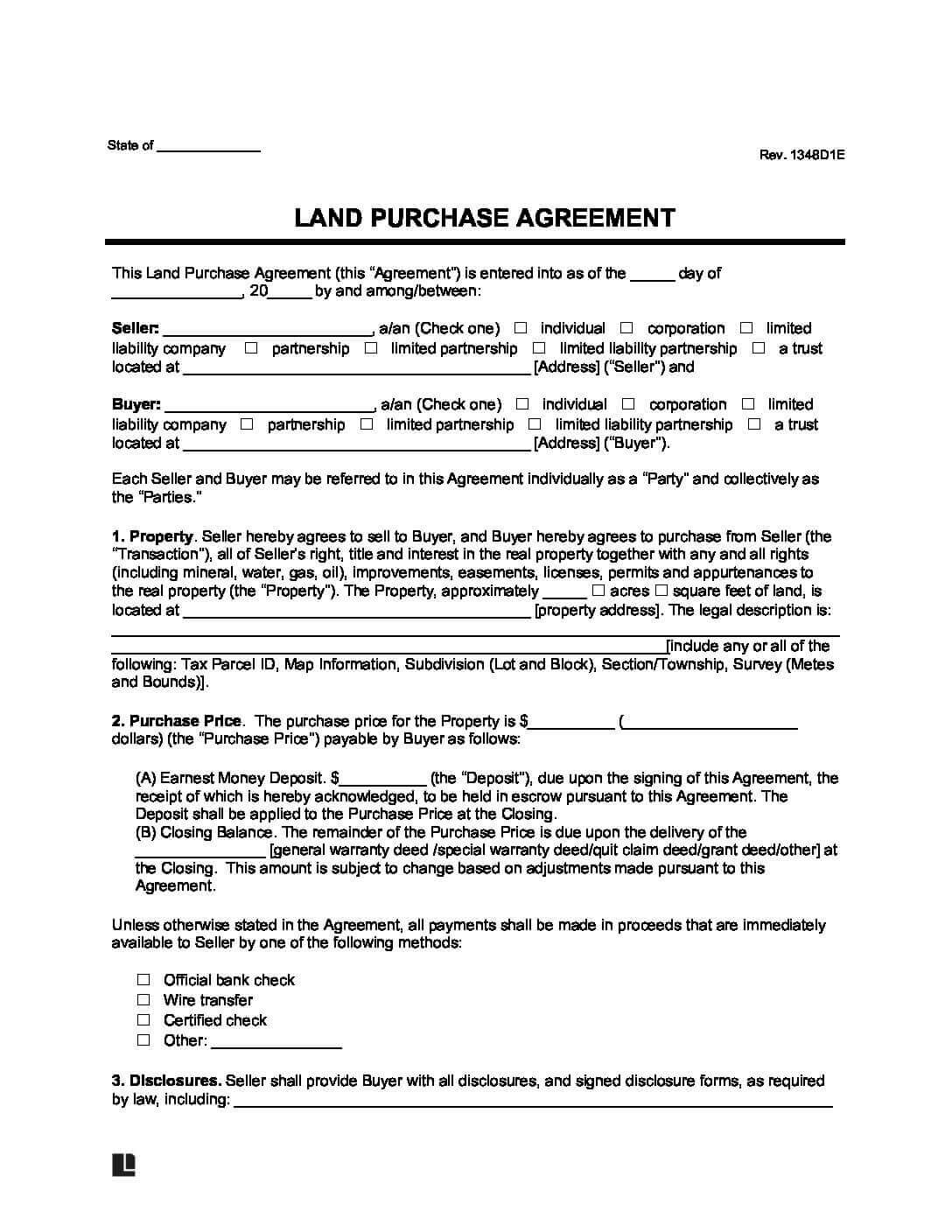 Land Purchase Agreement Template Create Download Print Land Sale 