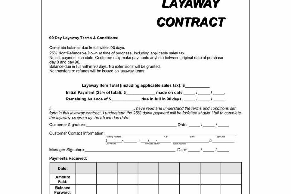 Layaway Agreement Form Printable Gridgit