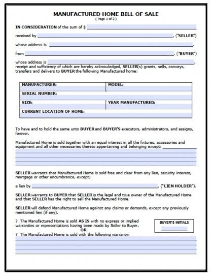 Manufactured Home Bill Of Sale Template