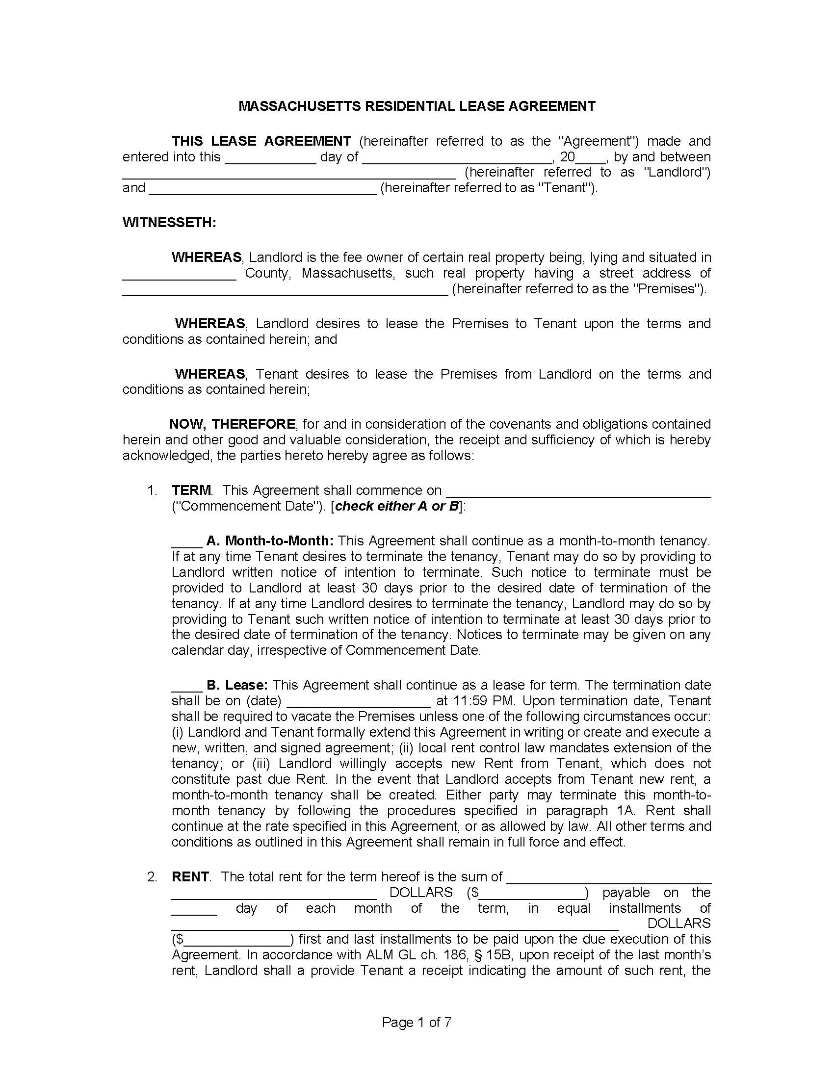 Massachusetts Standard Residential Lease Agreement Template Eforms 