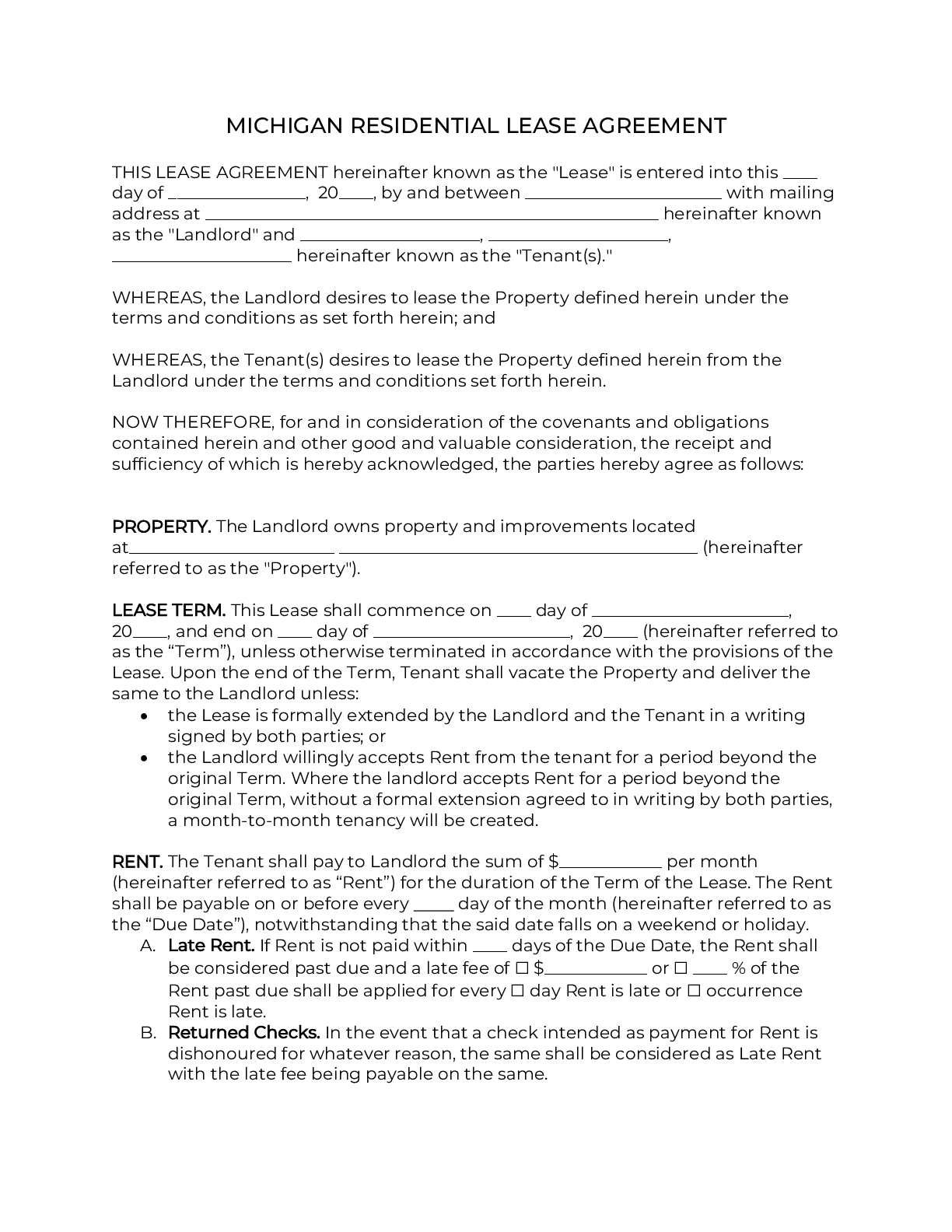Michigan Rental Lease Agreement Template 2025 PDF DOC