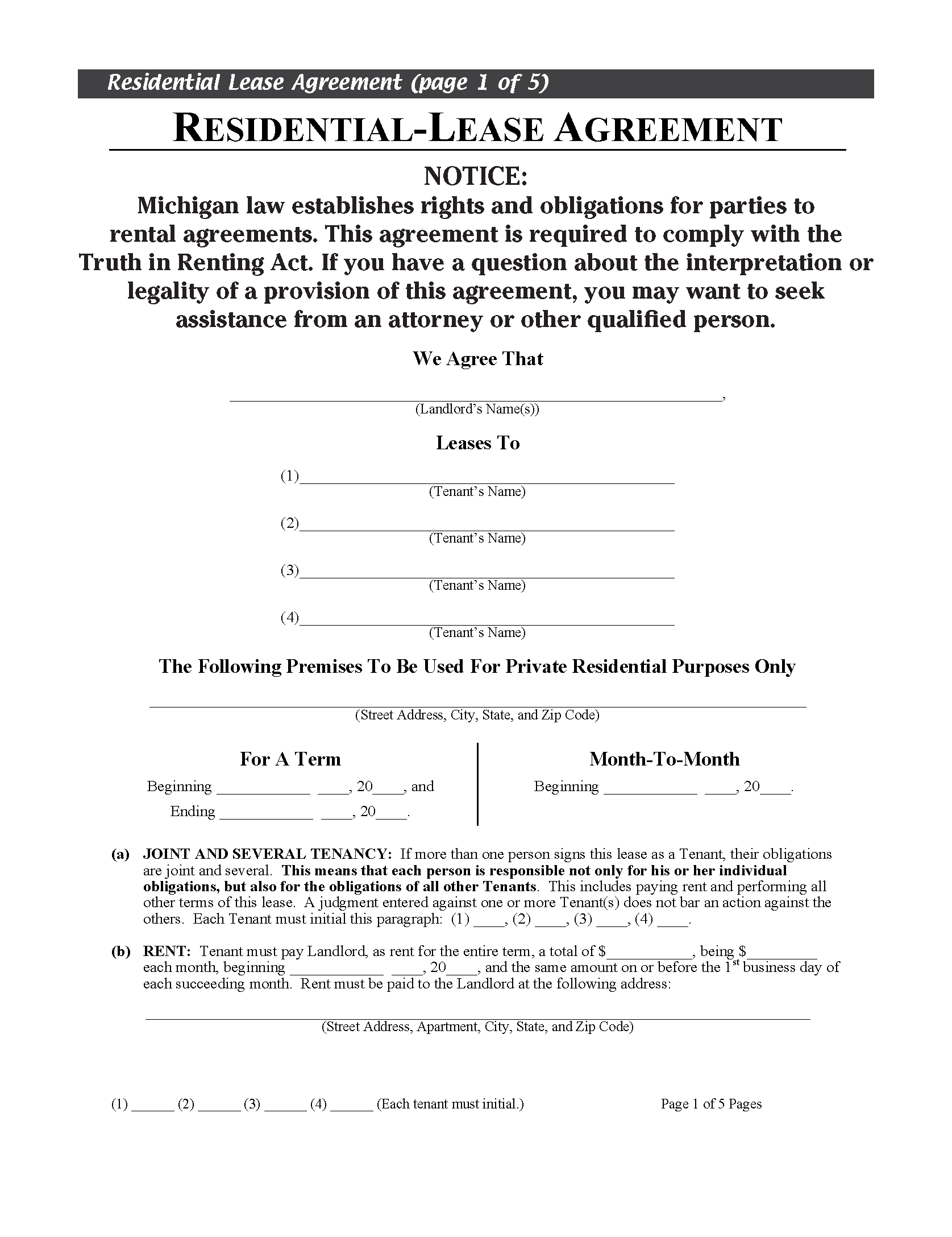 Michigan Residential Lease Agreement PDF Free Printable Rental 