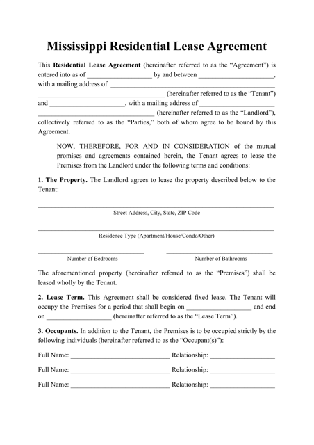 Mississippi Residential Lease Agreement Template Fill Out Sign 