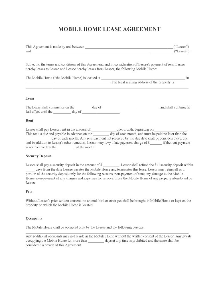 Mobile Home Lease Agreement Free Printable Legal Forms