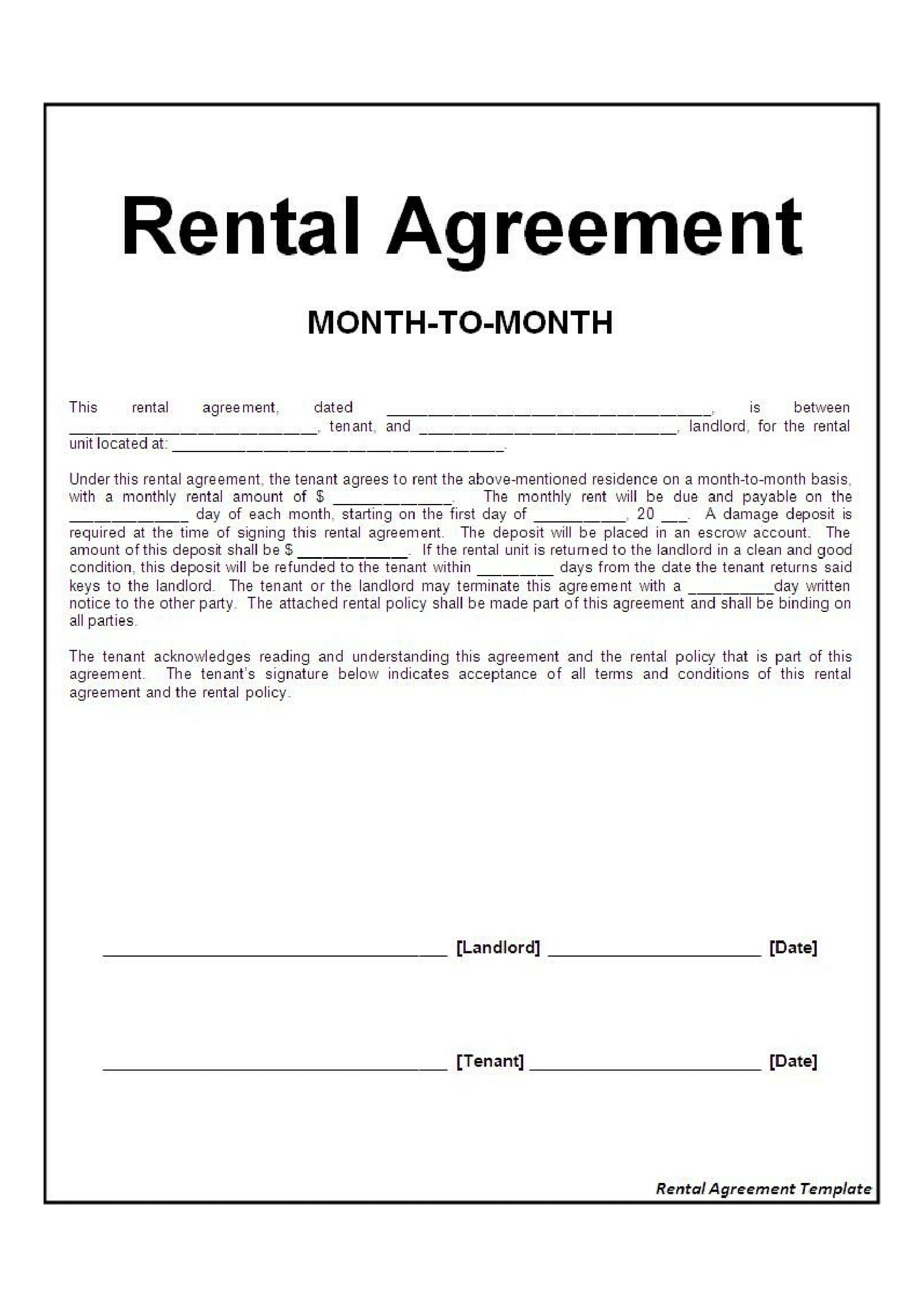 Month To Month Free Printable Rental Agreement Template