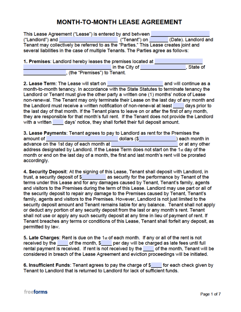 Month To Month Free Printable Rental Agreement Template Fillable Form 
