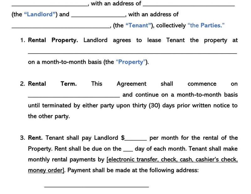 Month to Month Rental Agreement Free Templates Forms
