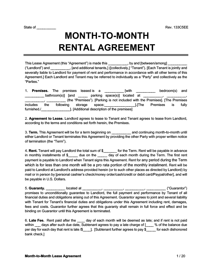 Month To Month Room Rental Agreement Template