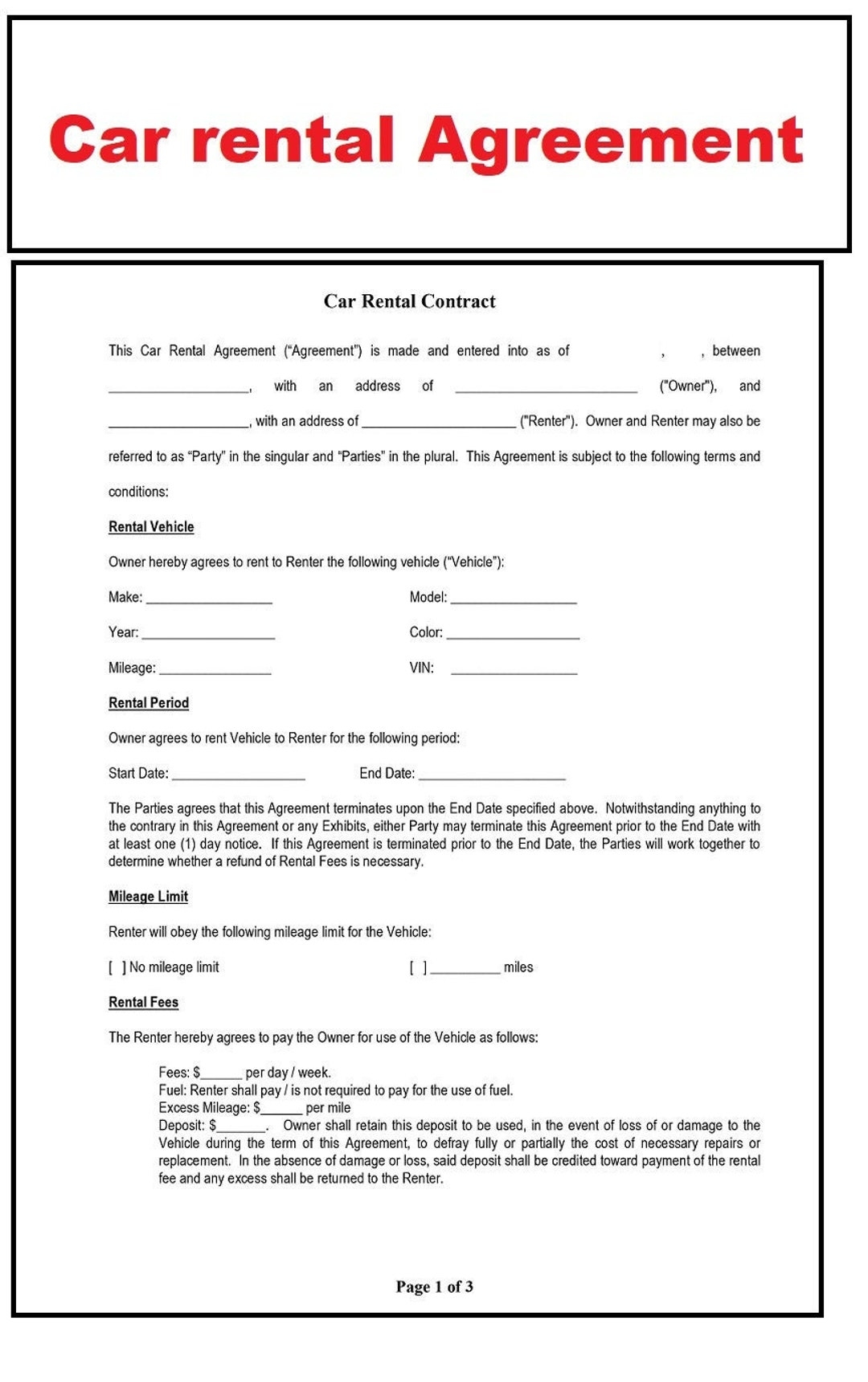 Motor Vehicle Rental Agreement Template