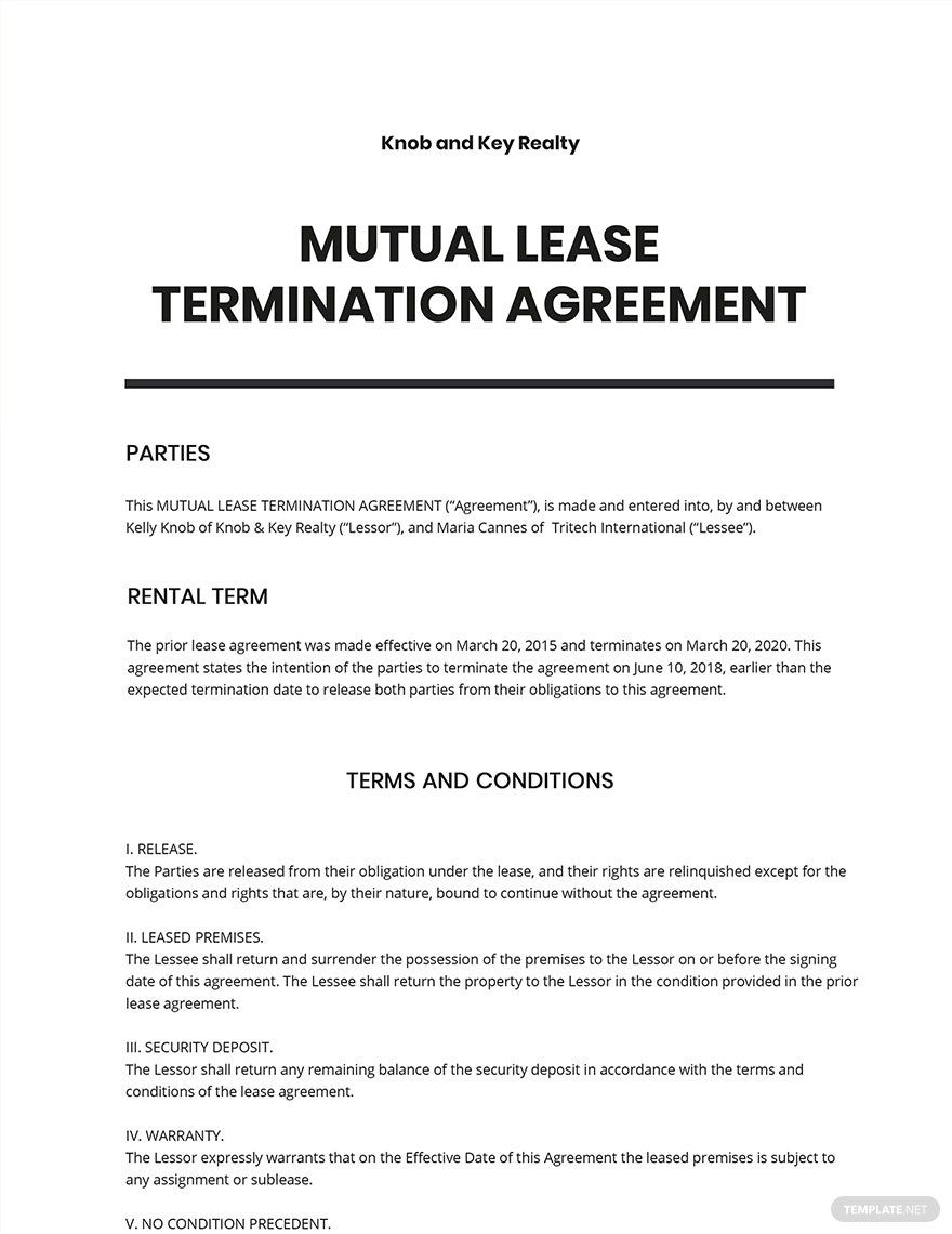 Mutual Lease Termination Agreement Template Google Docs Word Apple 