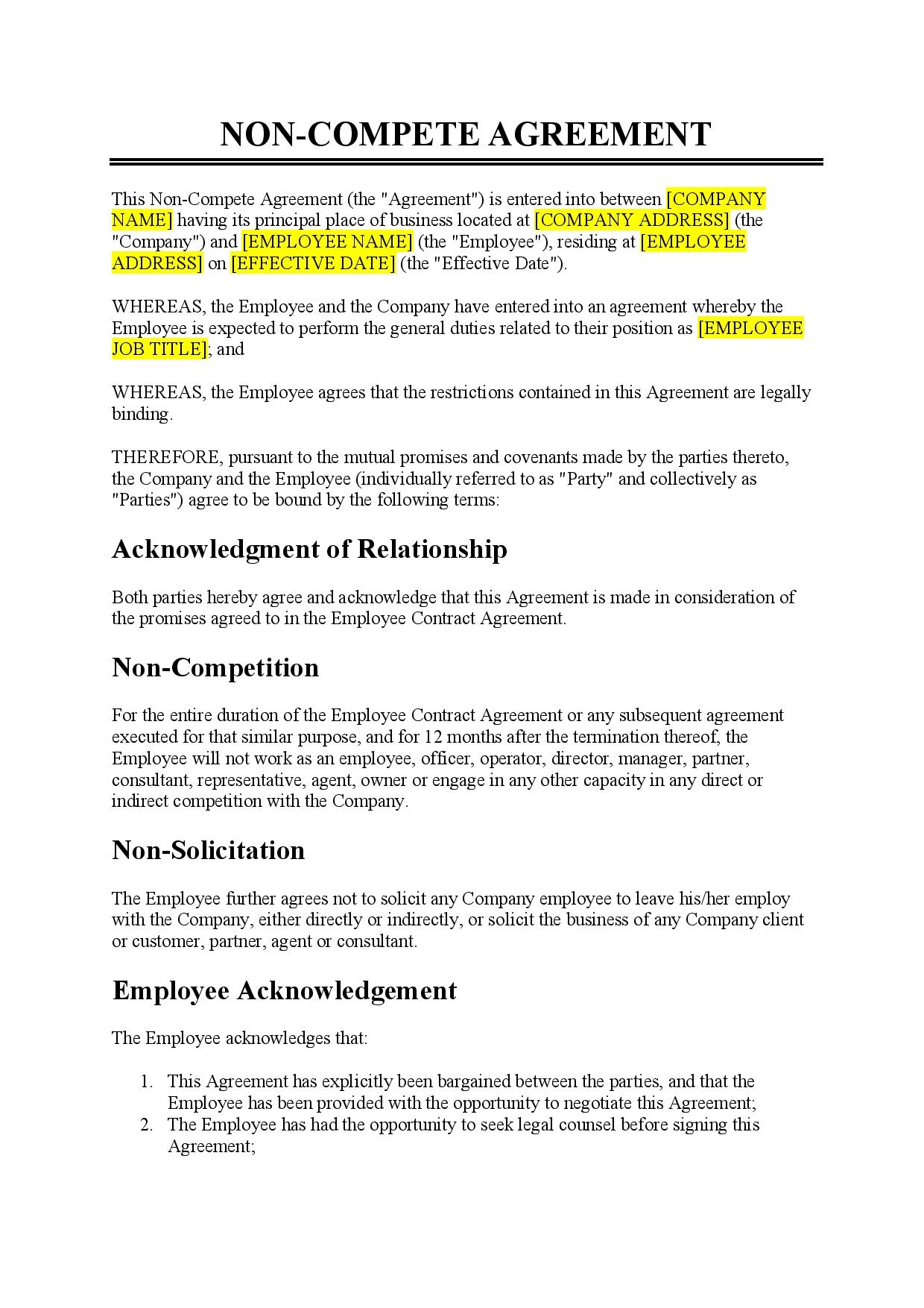Non Compete Agreement Template Free Download Easy Legal Docs