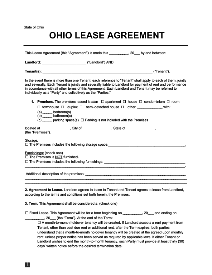 Ohio Rental Lease Agreement Form Legal Templates