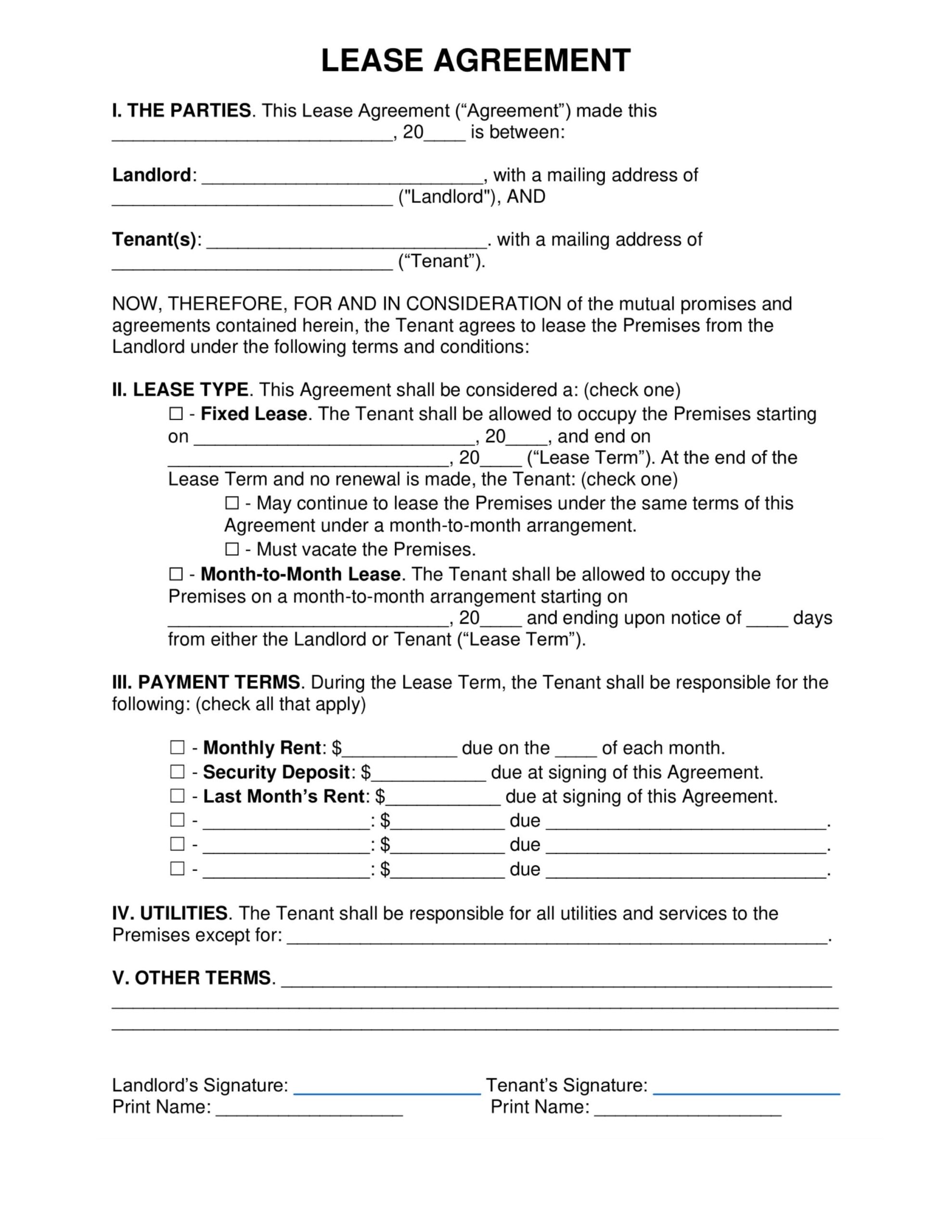 One Page Lease Agreement Template