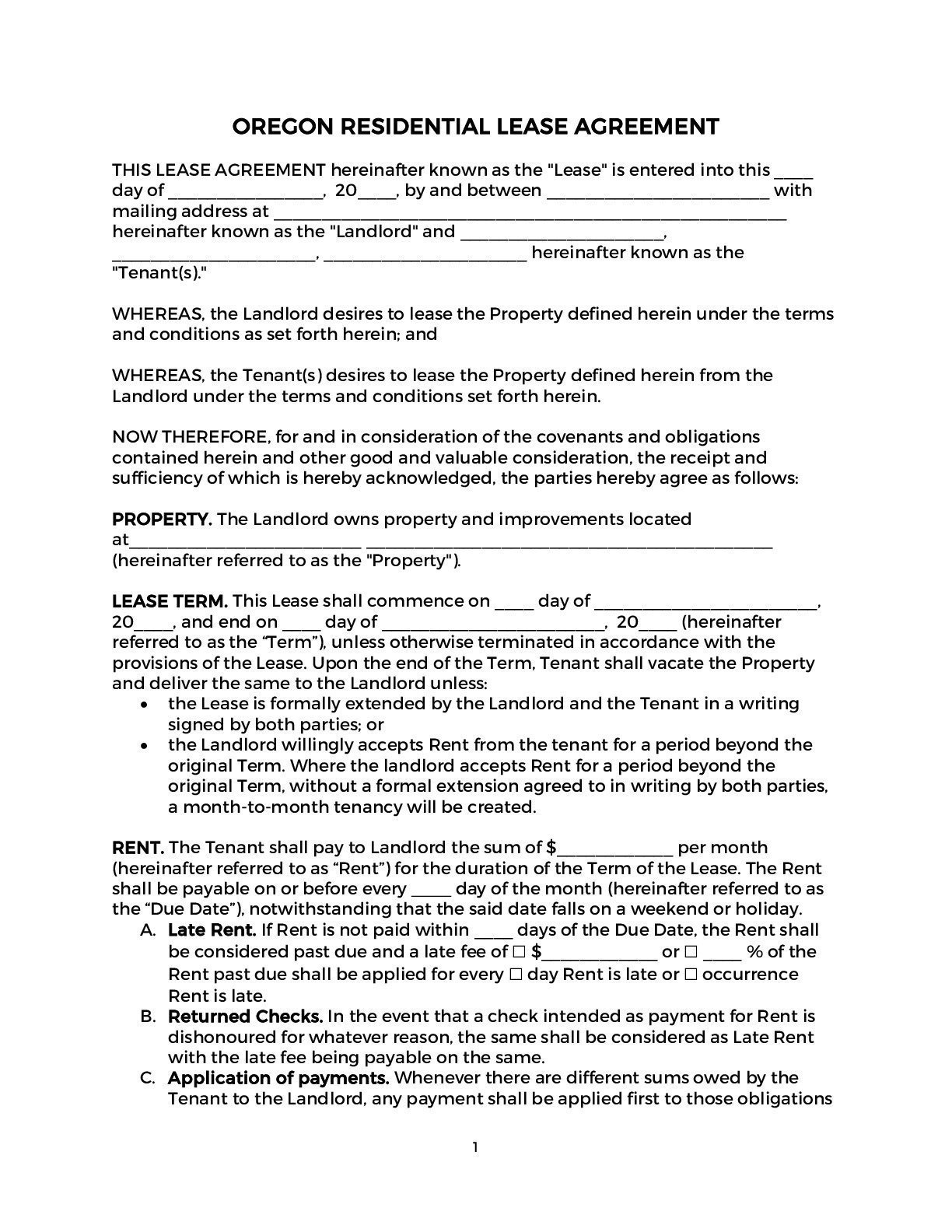 Oregon Lease Agreement Free 2021 Official PDF Word