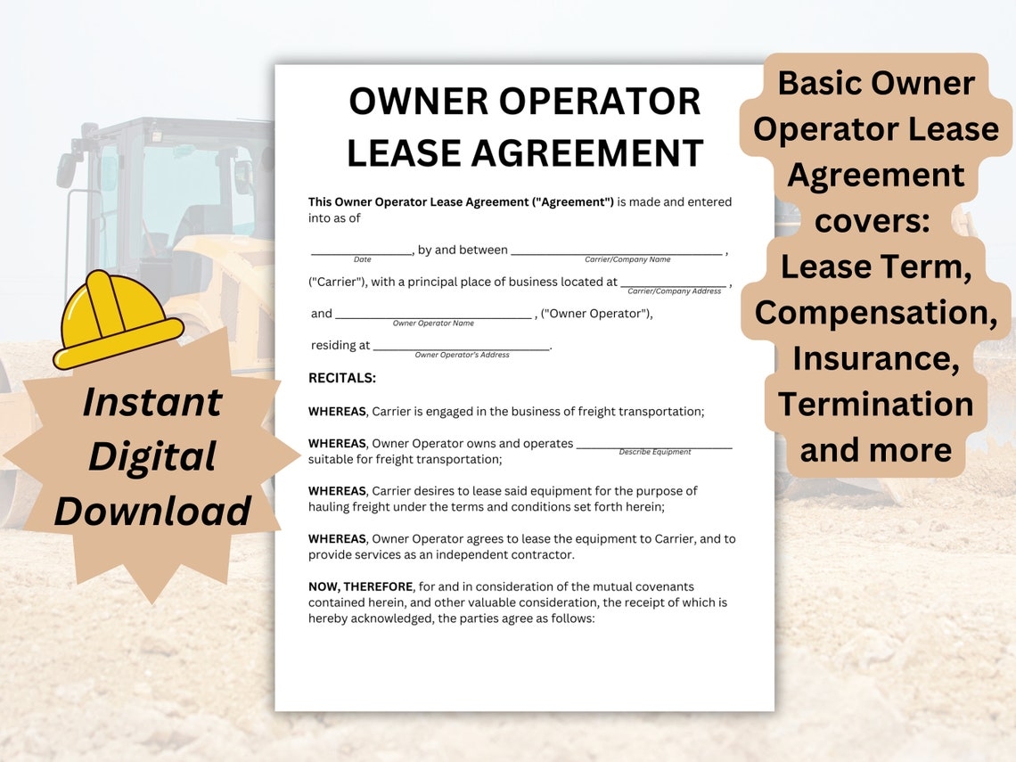 Owner Operator Lease Agreement Printable Bundle Heavy Equipment Lease 
