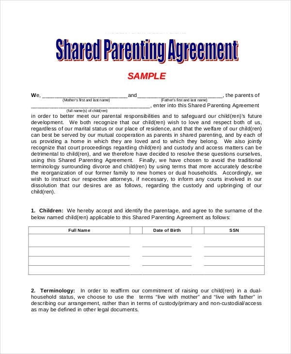 Parenting Agreement Templates 9 Free PDF Documents Download