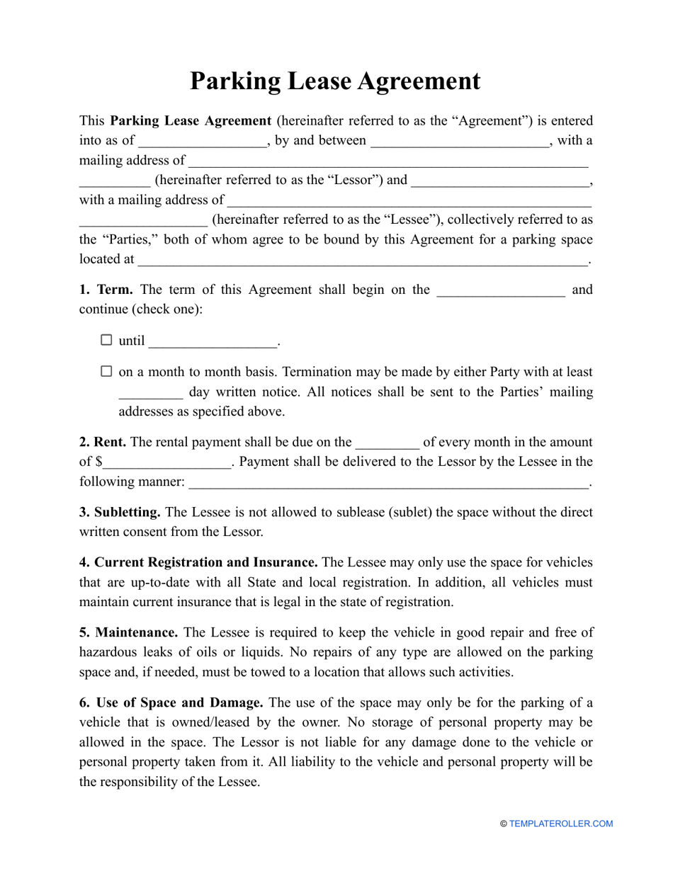 Parking Space Lease Agreement Free Template