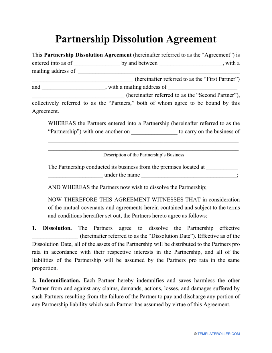 Partnership Dissolution Agreement Template Free Sample Example 