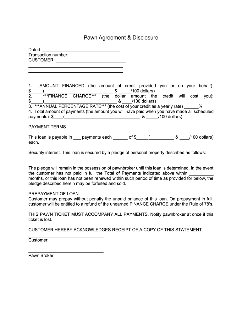Pawn Agreement And Disclosure Sample Fill Online Printable Fillable 