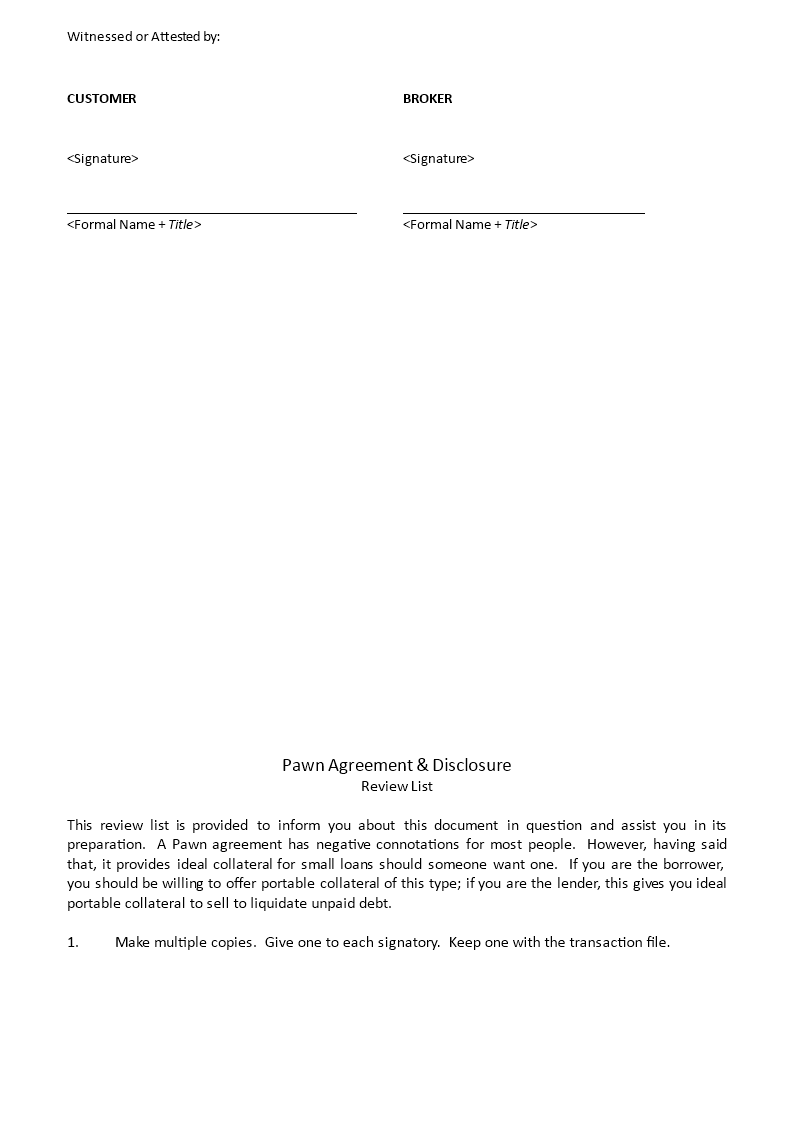 Pawn Agreement And Disclosure Templates At Allbusinesstemplates