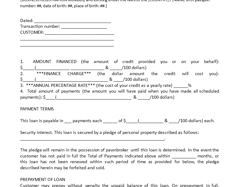 Pawn Agreement And Disclosure Templates At Allbusinesstemplates