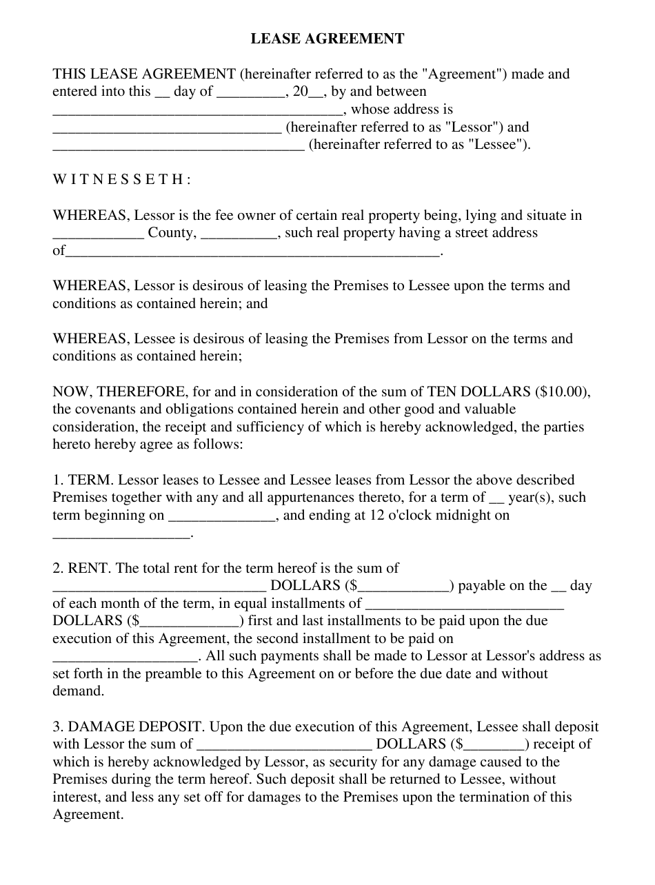 PDF Downloadable FREE Printable Lease Agreement Printable Lease Agreement