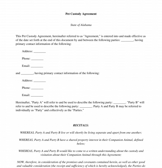 Pet Custody Agreement FREE Template Word And PDF