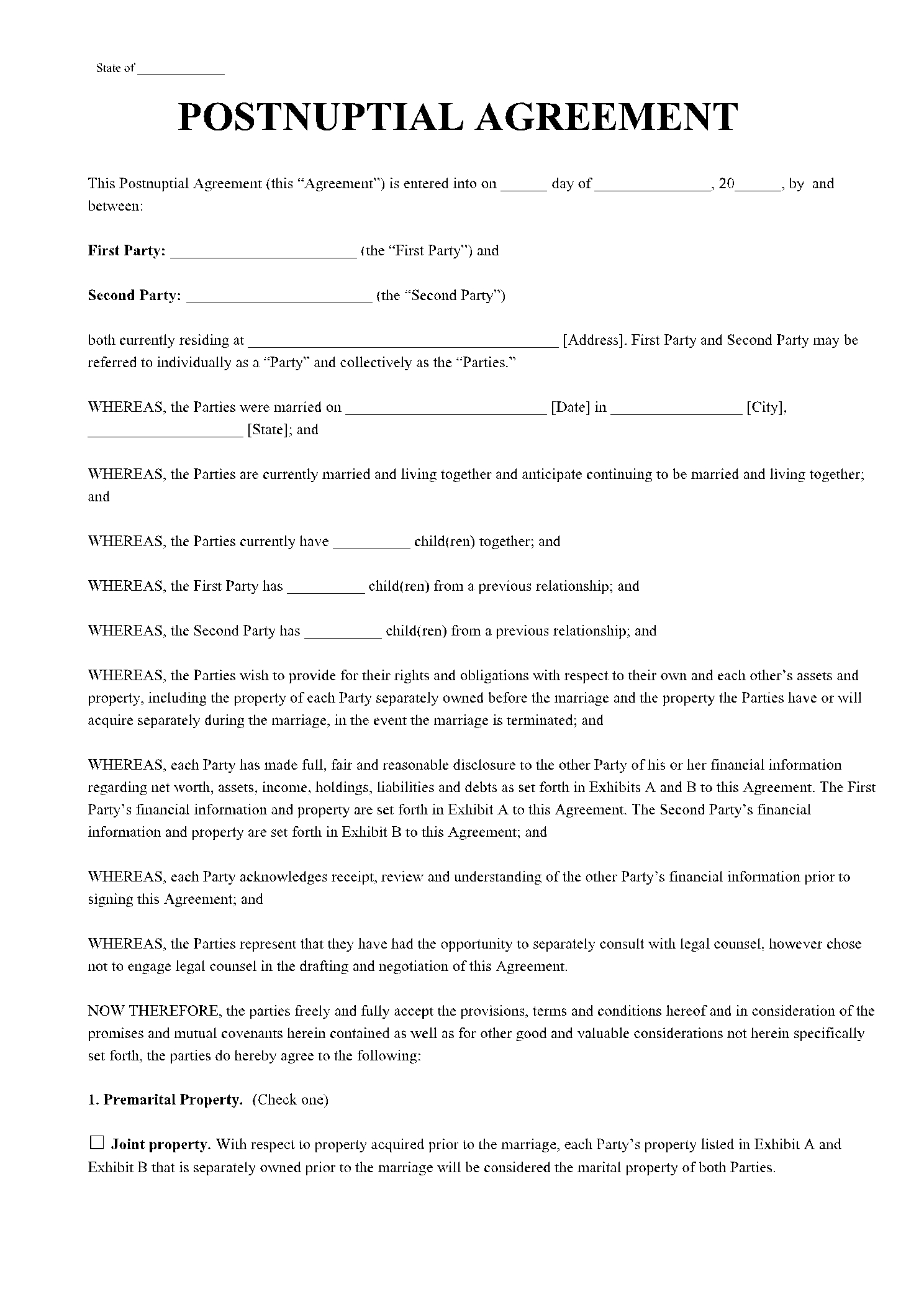 Post Nuptial Agreement Template