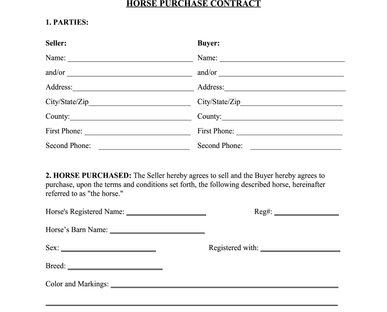 Premium Sport Horses Horse Purchase Contract Fill And Sign Printable