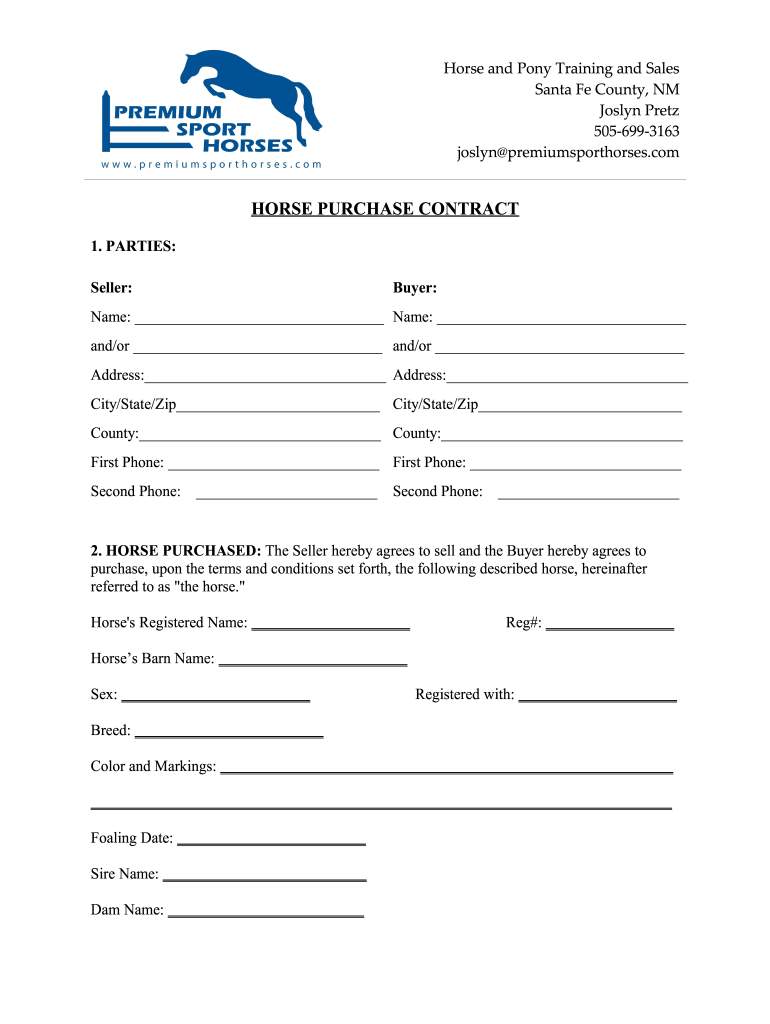 Premium Sport Horses Horse Purchase Contract Fill And Sign Printable 