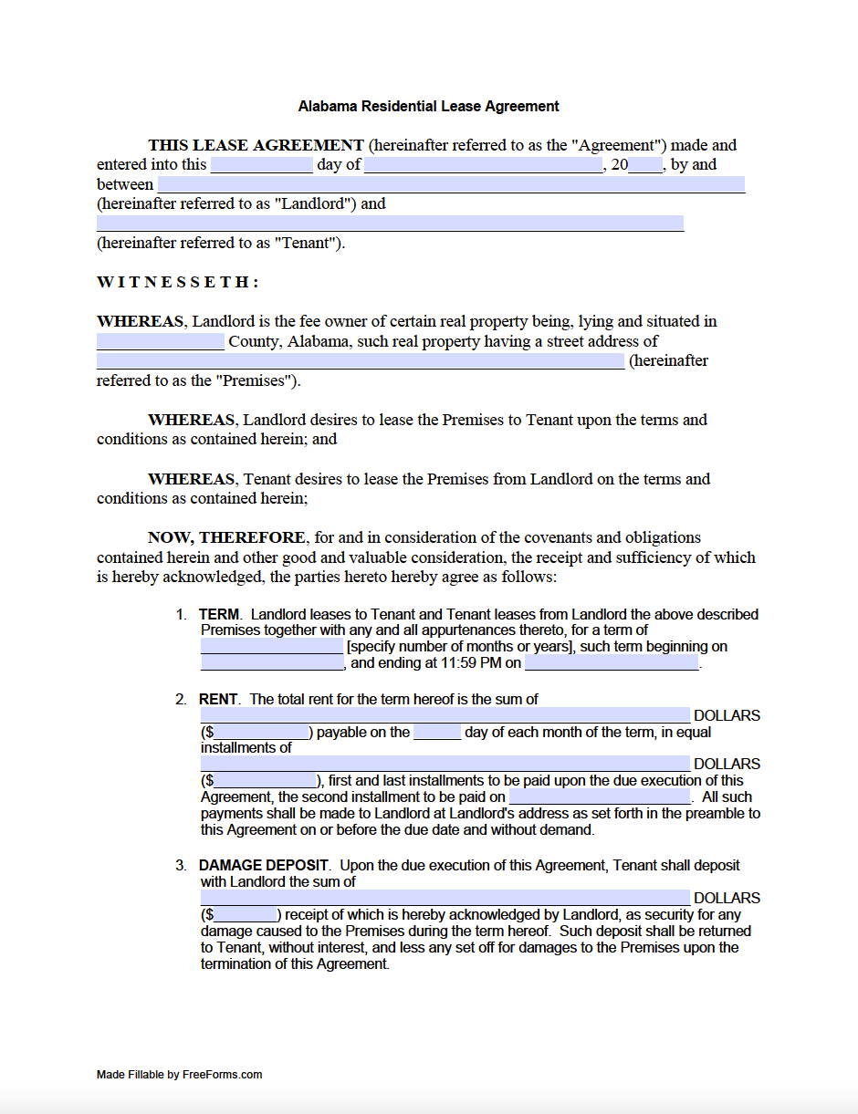 Printable Alabama Residential Lease Agreement