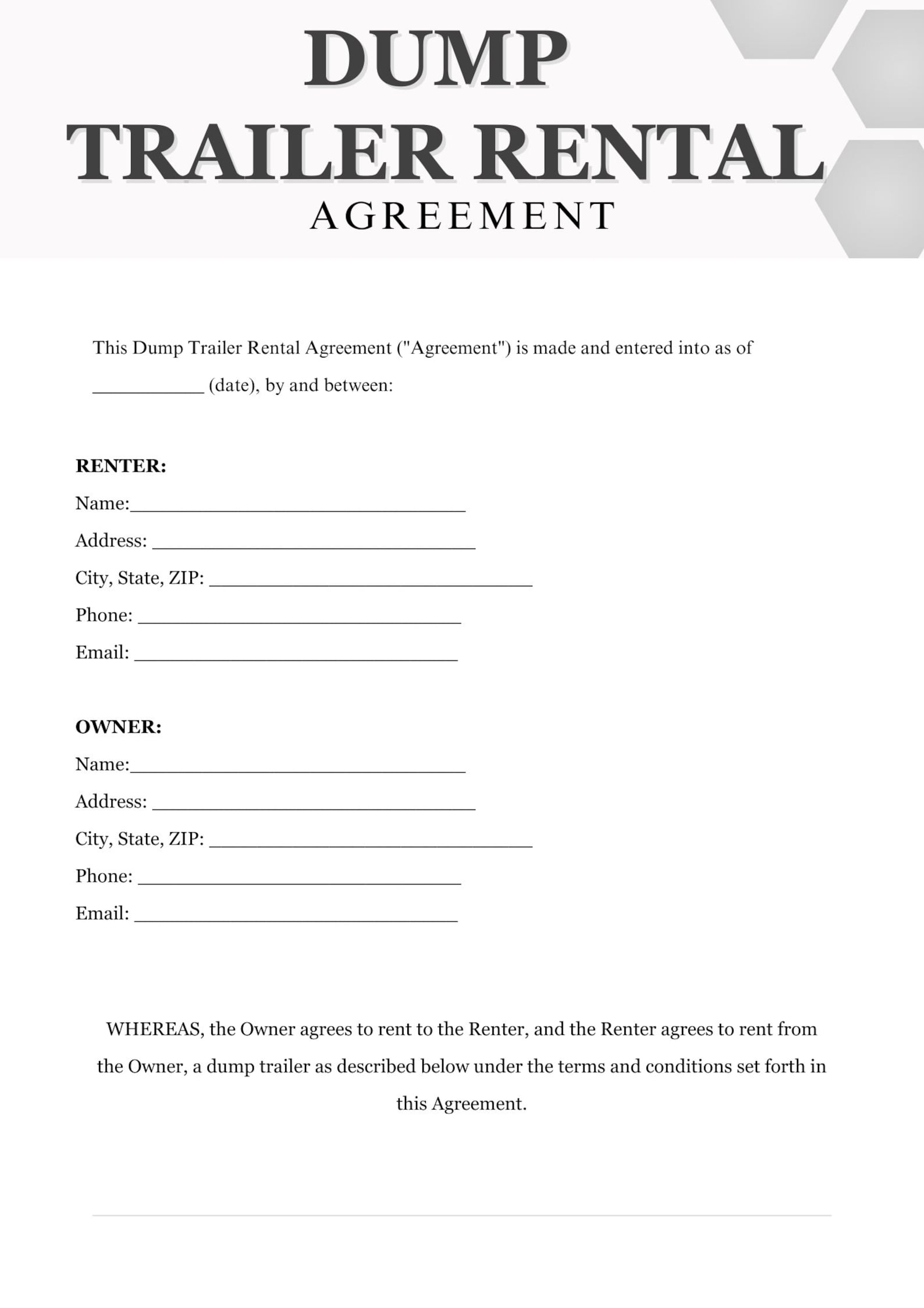 Printable And Digital Download Dump Trailer Rental Agreement Template 