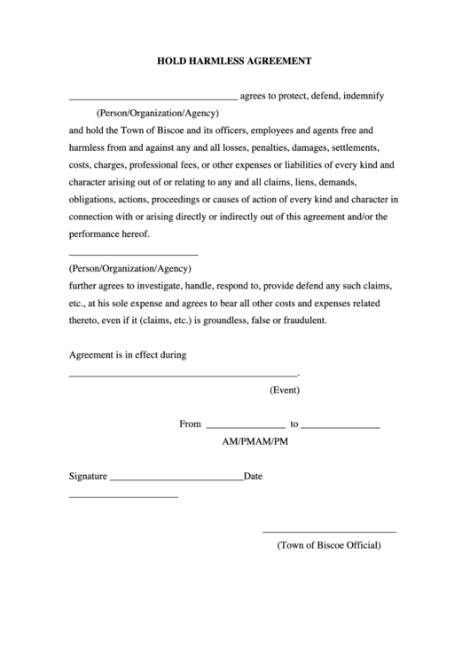 Printable Blank Hold Harmless Agreement Pdf Printable Templates
