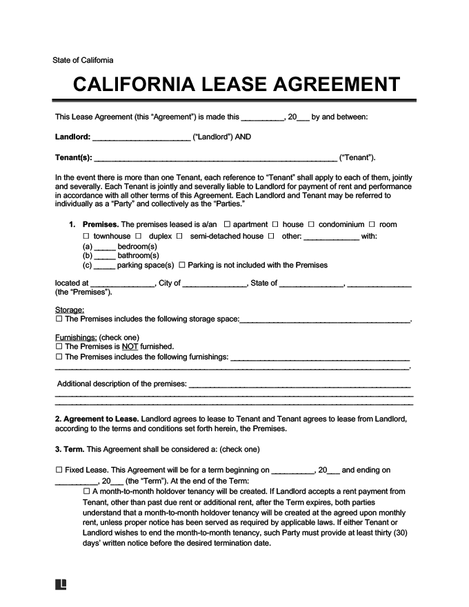 Printable California Residential Lease Agreement Fillable