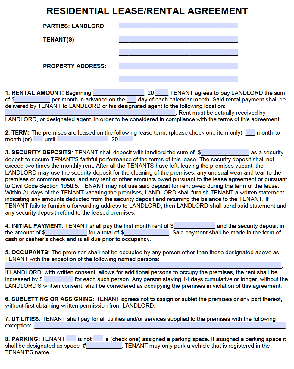 Printable California Residential Lease Agreement Fillable