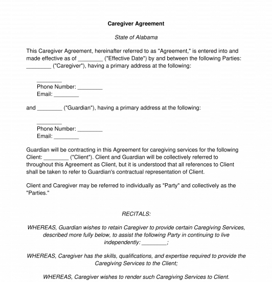 Printable Caregiver Agreement Caregiver Contract Template Free 