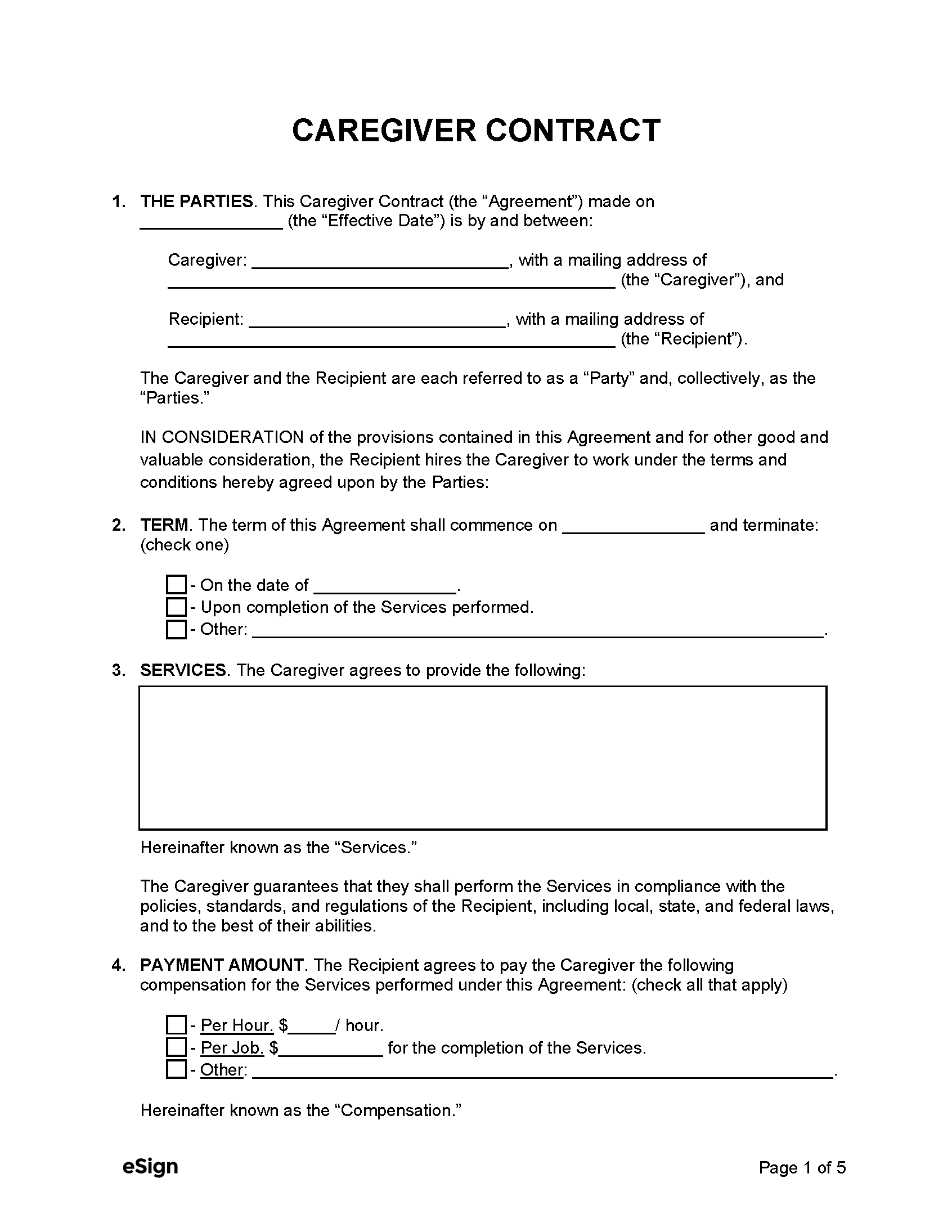 Printable Caregiver Contract Template Printable Free Templates